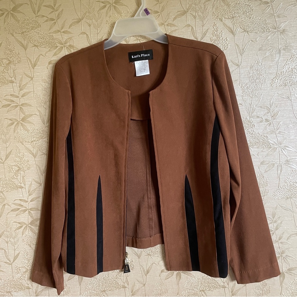 Vintage Kari’s Place brown suede like zip up blazer women’s fall jacket size 12P